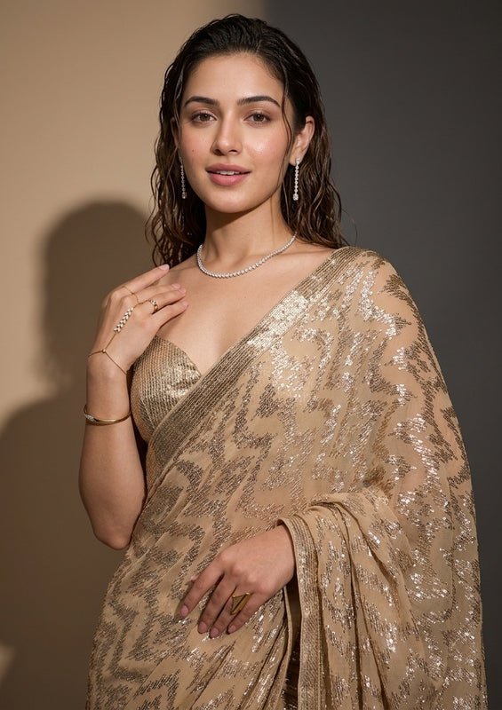 Beige Georgette Sequins Saree With Matching Blouse Piece - Image 2