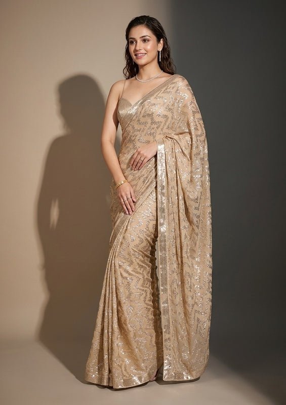 Beige Georgette Sequins Saree With Matching Blouse Piece - Image 3
