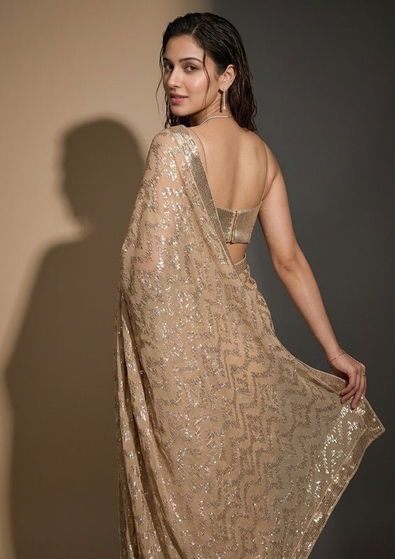 Beige Georgette Sequins Saree With Matching Blouse Piece - Image 5