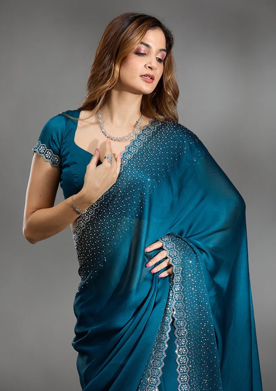 Peacock Blue Satin Gold Stonework Saree With Matching Blouse Piece - Image 2