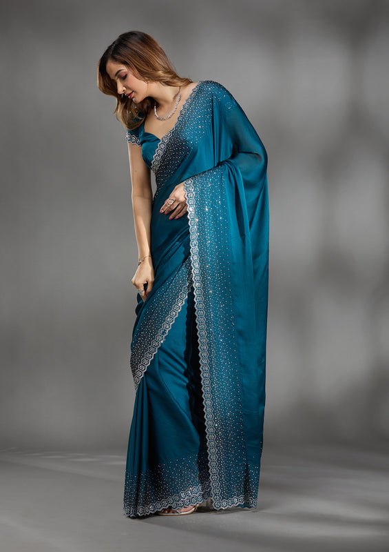 Peacock Blue Satin Gold Stonework Saree With Matching Blouse Piece - Image 3