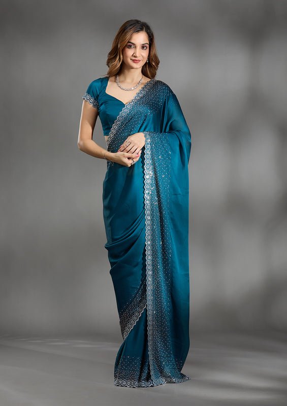 Peacock Blue Satin Gold Stonework Saree With Matching Blouse Piece - Image 4
