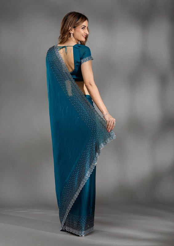 Peacock Blue Satin Gold Stonework Saree With Matching Blouse Piece - Image 5