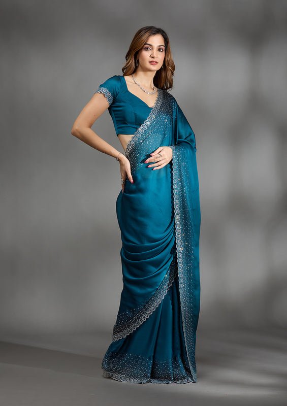 Peacock Blue Satin Gold Stonework Saree With Matching Blouse Piece - Image 6