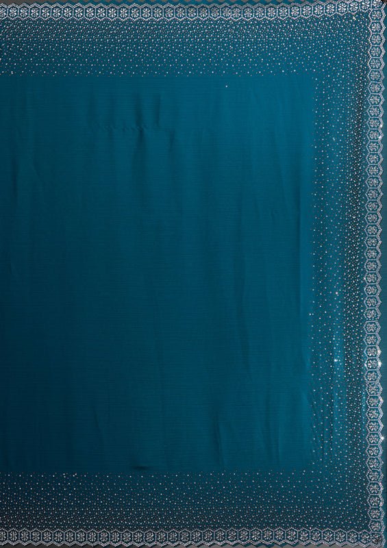 Peacock Blue Satin Gold Stonework Saree With Matching Blouse Piece - Image 7