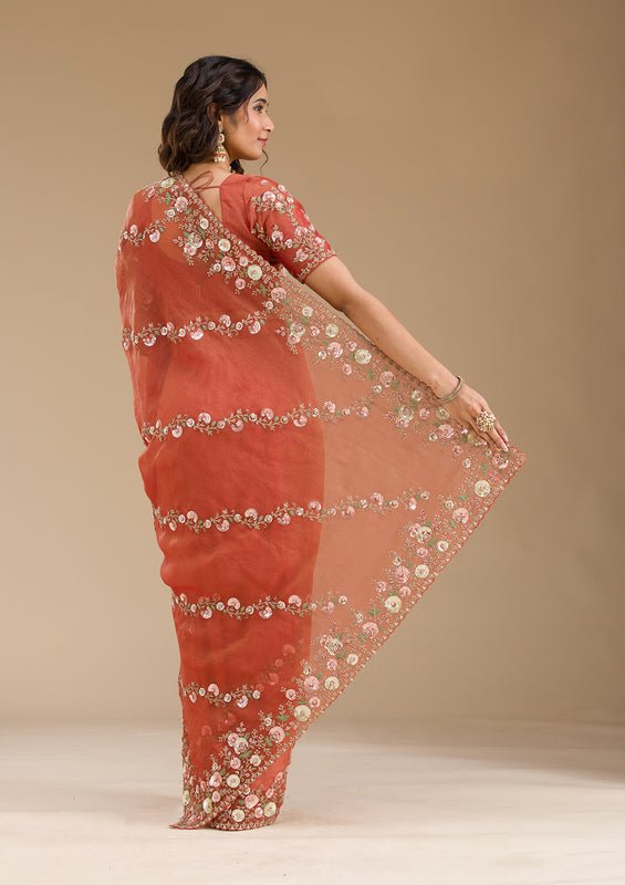 Rust Tissue Sequins Saree With Matching Blouse Piece - Image 2