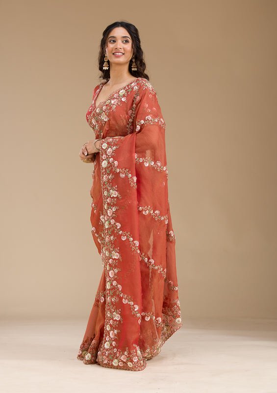 Rust Tissue Sequins Saree With Matching Blouse Piece - Image 5