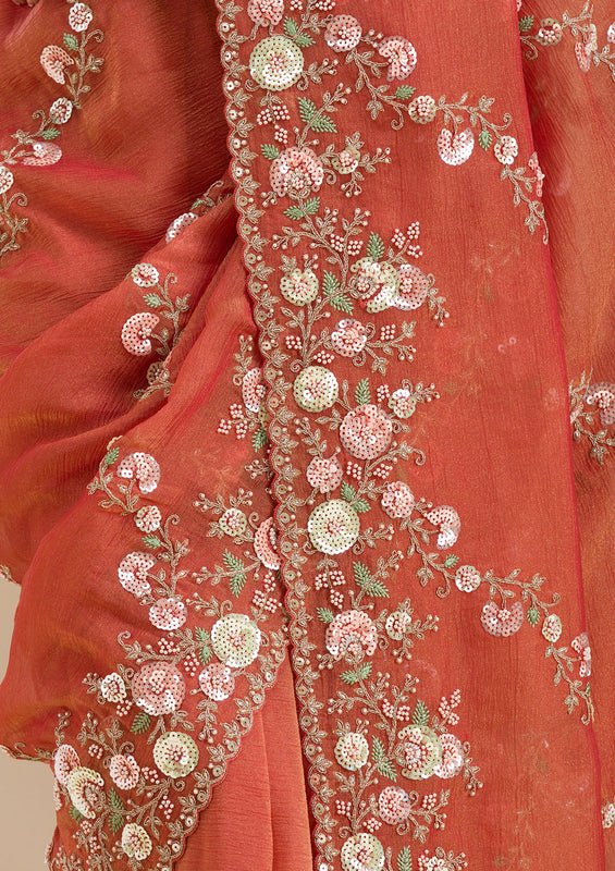 Rust Tissue Sequins Saree With Matching Blouse Piece - Image 9