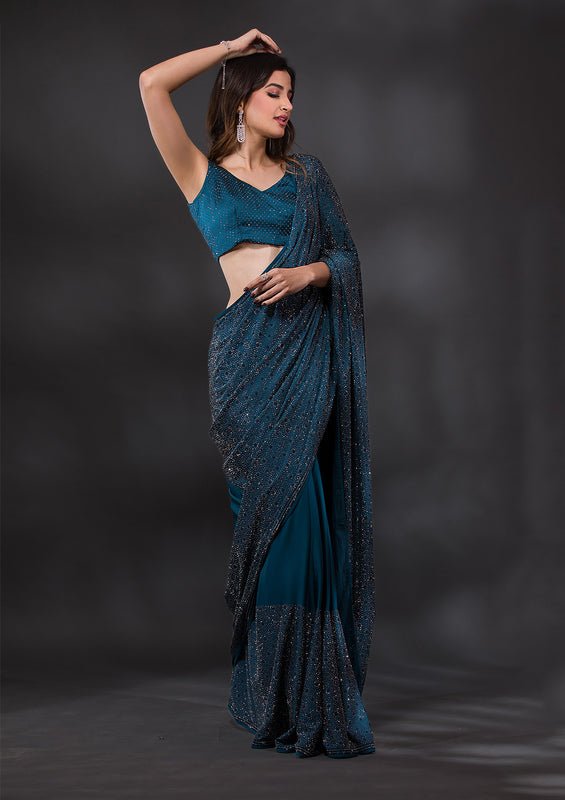 Peacock Blue Satin Silver Stonework Saree With Matching Blouse Piece - Image 6