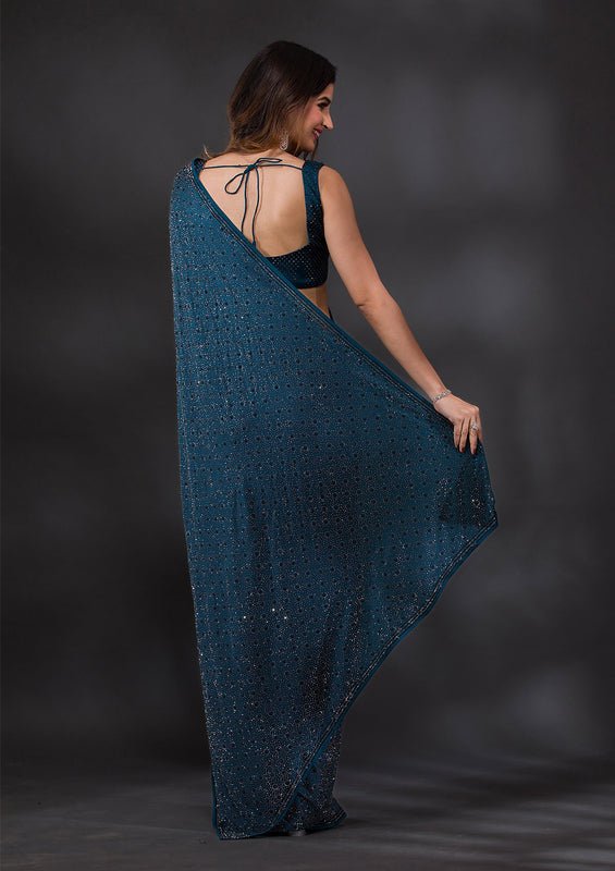 Peacock Blue Satin Silver Stonework Saree With Matching Blouse Piece - Image 7