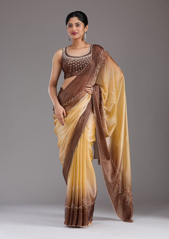 Beige Tissue Gold Stonework Saree With Matching Blouse Piece