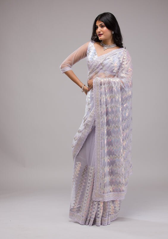 Lavender Organza Sequins Saree With Matching Blouse Piece - Image 3