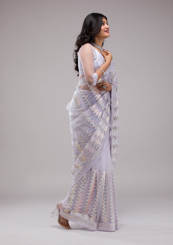 Lavender Organza Sequins Saree With Matching Blouse Piece - Image 5