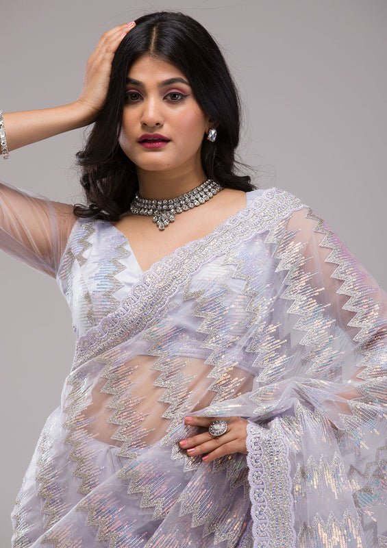 Lavender Organza Sequins Saree With Matching Blouse Piece - Image 6