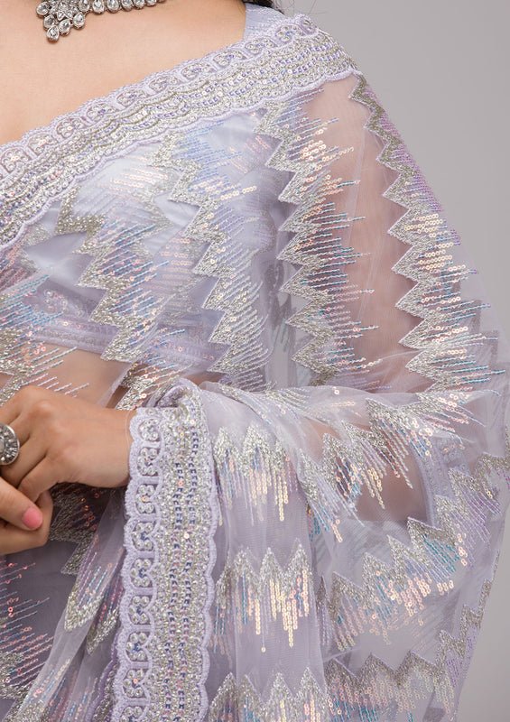 Lavender Organza Sequins Saree With Matching Blouse Piece - Image 7