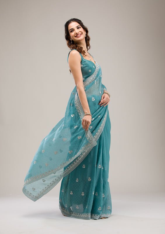 Turquoise Blue Tissue Silver Zariwork Saree With Matching Blouse Piece - Image 5