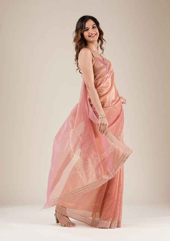 Mauve Organza Gold Zariwork Saree With Matching Blouse Piece - Image 3