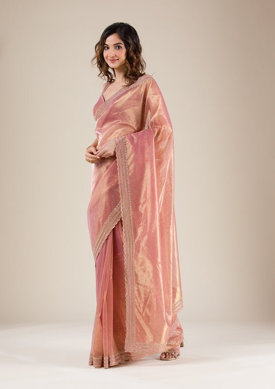 Mauve Organza Gold Zariwork Saree With Matching Blouse Piece - Image 5