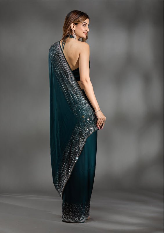 Teal Green Chiffon Gold Stonework Saree With Matching Blouse Piece - Image 2