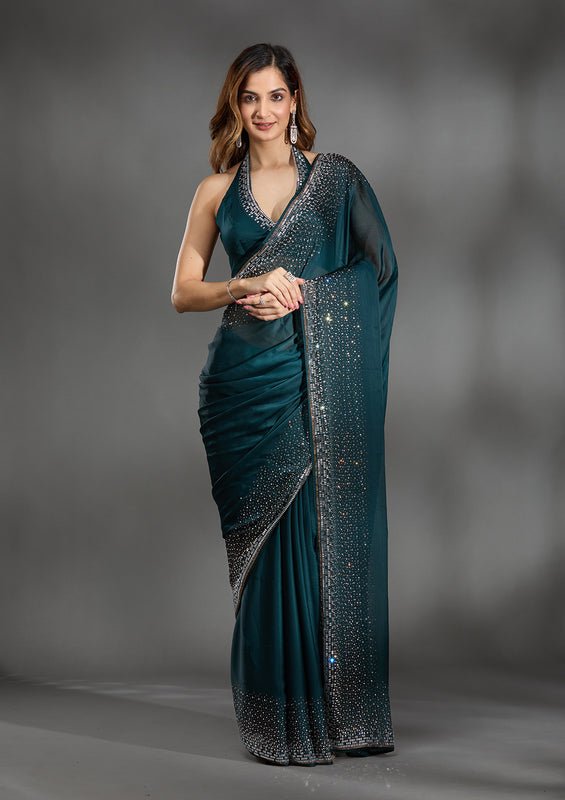 Teal Green Chiffon Gold Stonework Saree With Matching Blouse Piece - Image 4