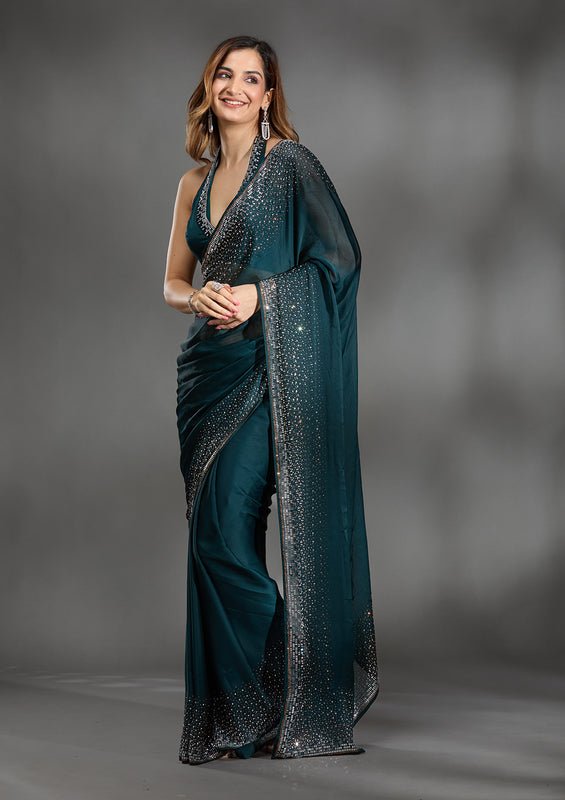 Teal Green Chiffon Gold Stonework Saree With Matching Blouse Piece - Image 5