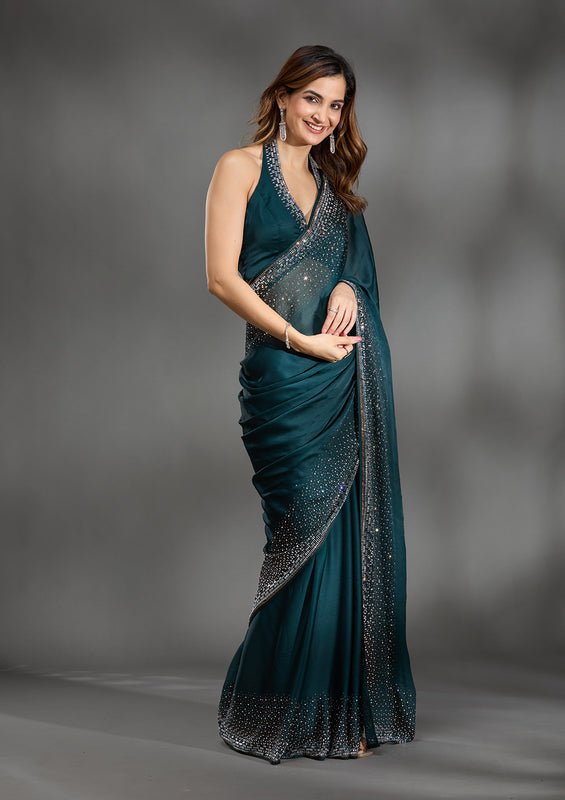 Teal Green Chiffon Gold Stonework Saree With Matching Blouse Piece - Image 6