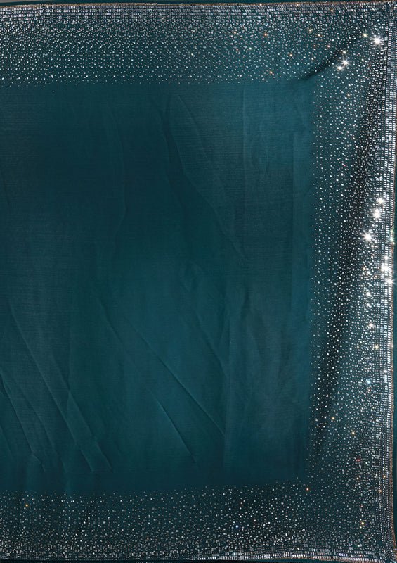 Teal Green Chiffon Gold Stonework Saree With Matching Blouse Piece - Image 8
