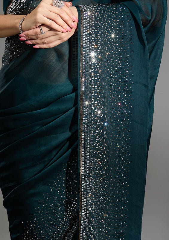 Teal Green Chiffon Gold Stonework Saree With Matching Blouse Piece - Image 9