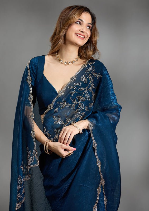 Peacock blue Georgette Gold Stonework Saree With Matching Blouse Piece - Image 4