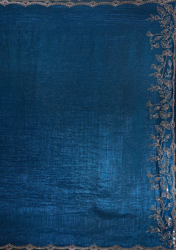 Peacock blue Georgette Gold Stonework Saree With Matching Blouse Piece - Image 8