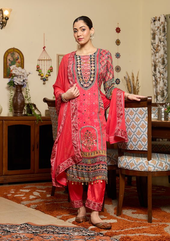 Pink Crepe Floral Mirrorwork Straight Kurta With Pant Regular And Dupatta