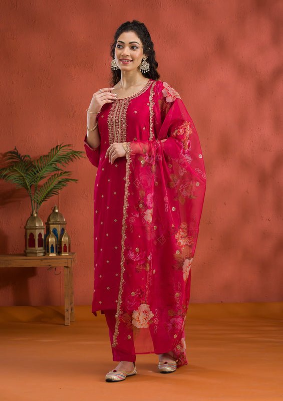 Rani Pink Soft Raw Silk Gold Zariwork Straight Kurta With Pant Regular And Dupatta
