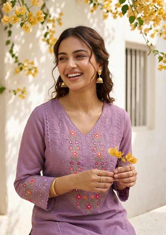 Mauve Raw Silk Threadwork Straight Kurta With Pant Regular And Dupatta - Image 3