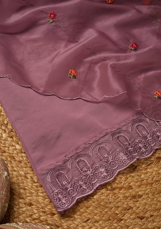 Mauve Raw Silk Threadwork Straight Kurta With Pant Regular And Dupatta - Image 5