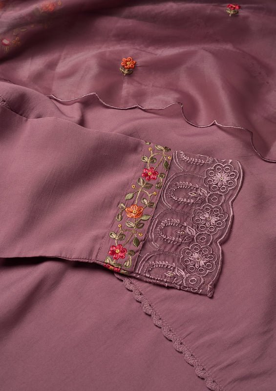 Mauve Raw Silk Threadwork Straight Kurta With Pant Regular And Dupatta - Image 6