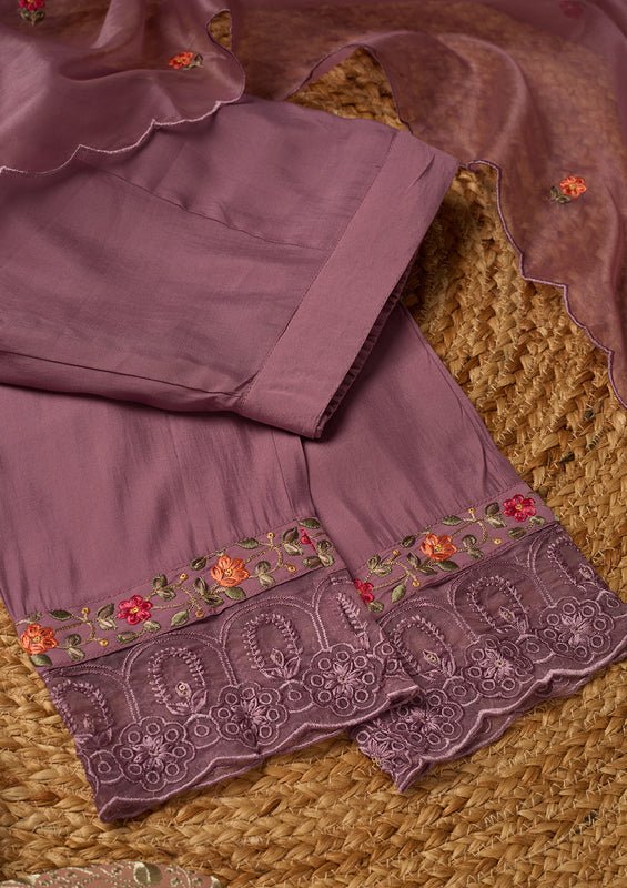 Mauve Raw Silk Threadwork Straight Kurta With Pant Regular And Dupatta - Image 8