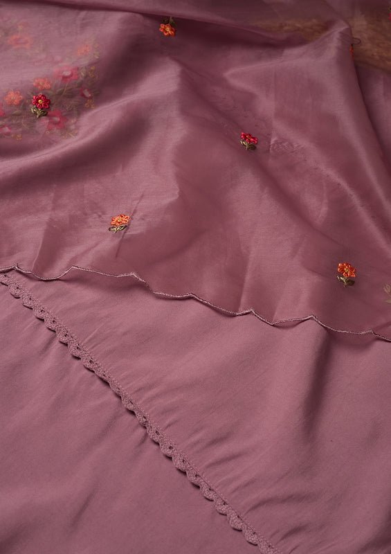 Mauve Raw Silk Threadwork Straight Kurta With Pant Regular And Dupatta - Image 10