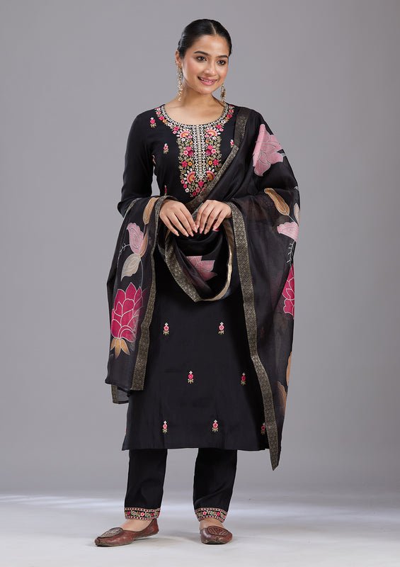 Black Chanderi Threadwork Straight Kurta With Pant Regular And Dupatta