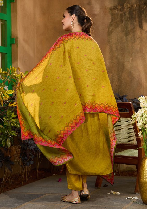 Mehandi Green Multi Art Silk Abstract Geometric Cutdana Straight Kurta With Pant Regular And Dupatta - Image 2