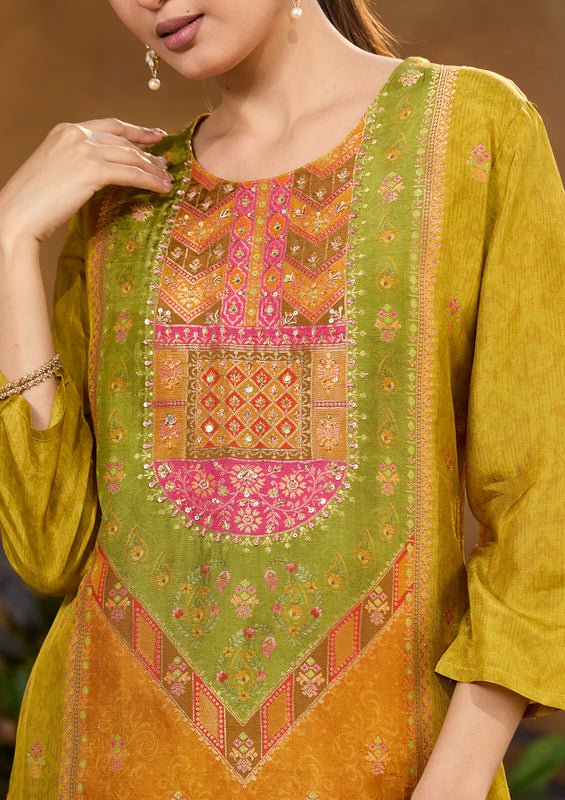Mehandi Green Multi Art Silk Abstract Geometric Cutdana Straight Kurta With Pant Regular And Dupatta - Image 4