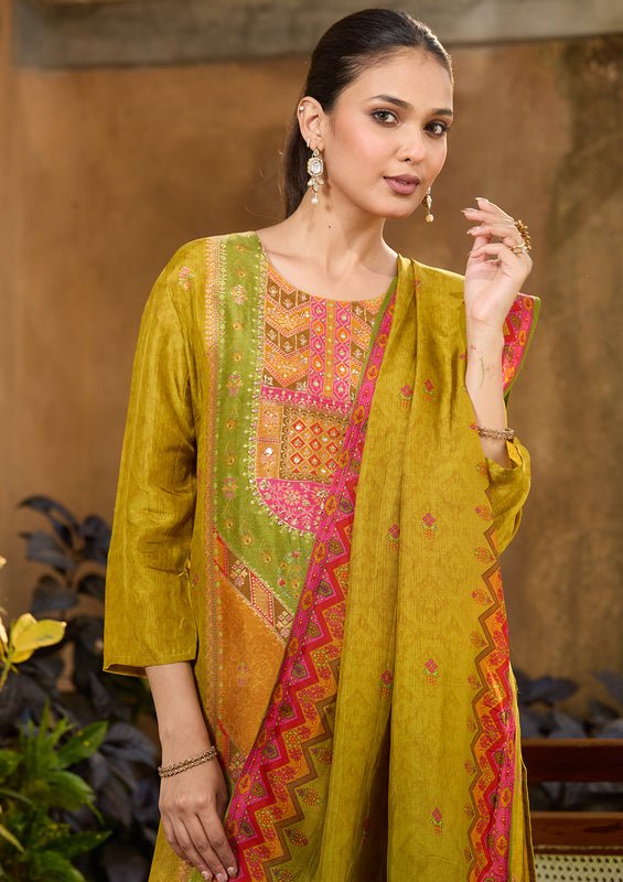 Mehandi Green Multi Art Silk Abstract Geometric Cutdana Straight Kurta With Pant Regular And Dupatta - Image 5