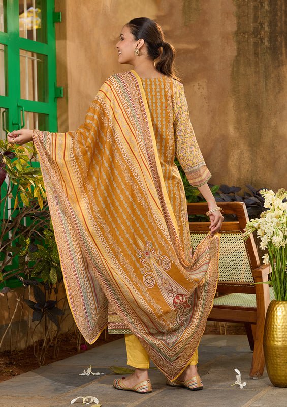 Mustard Yellow Chanderi Abstract Geometric Cutdana Straight Kurta With Pant Regular And Dupatta - Image 2