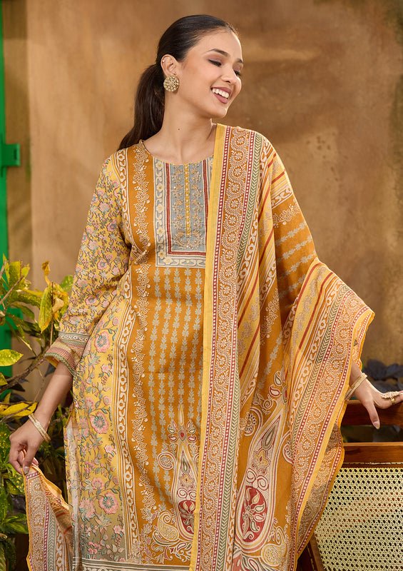 Mustard Yellow Chanderi Abstract Geometric Cutdana Straight Kurta With Pant Regular And Dupatta - Image 3