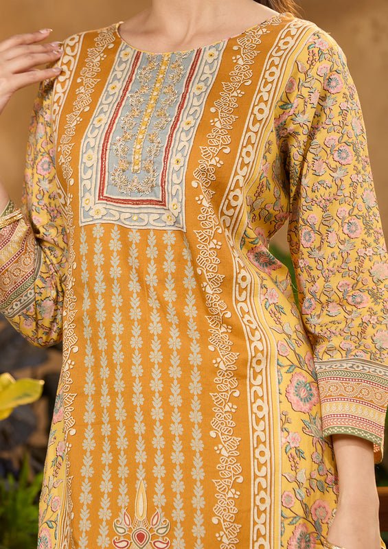 Mustard Yellow Chanderi Abstract Geometric Cutdana Straight Kurta With Pant Regular And Dupatta - Image 4