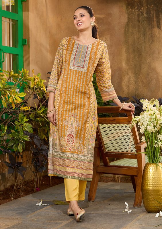 Mustard Yellow Chanderi Abstract Geometric Cutdana Straight Kurta With Pant Regular And Dupatta - Image 5