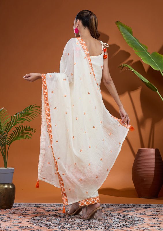 Off White Rust Chanderi Threadwork Straight Kurta With Pant Regular And Dupatta - Image 2
