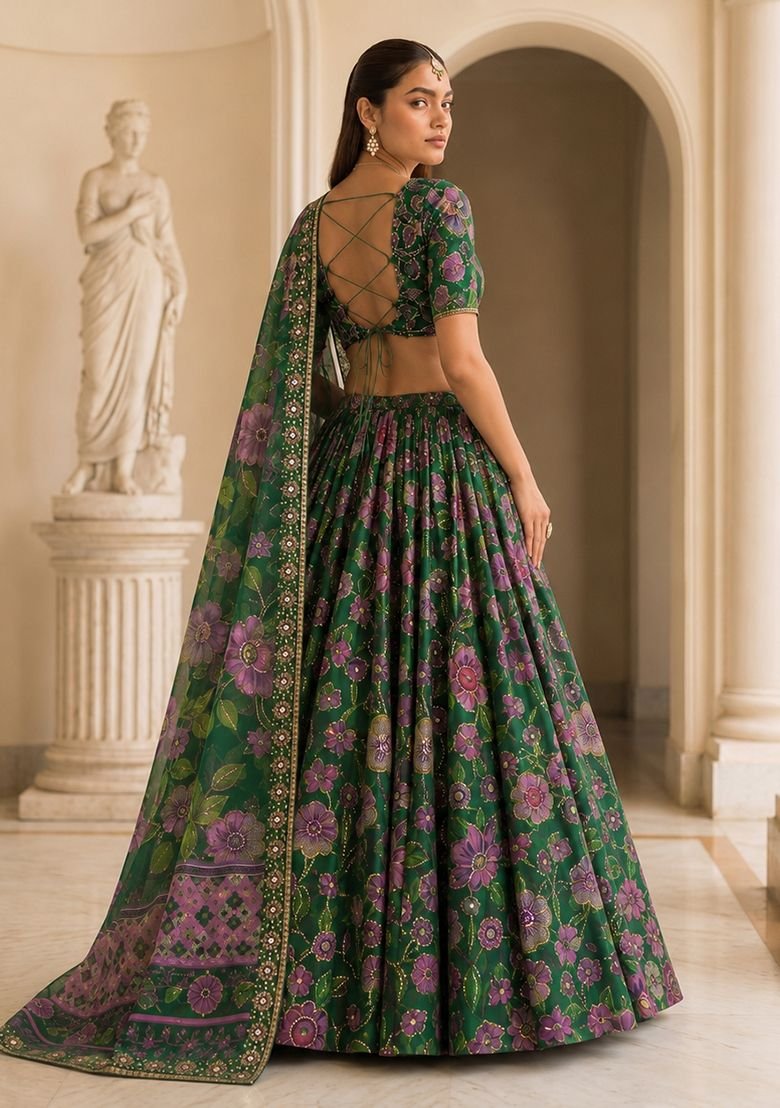 Green Sequin Silk Blend Lehenga Set - Image 3