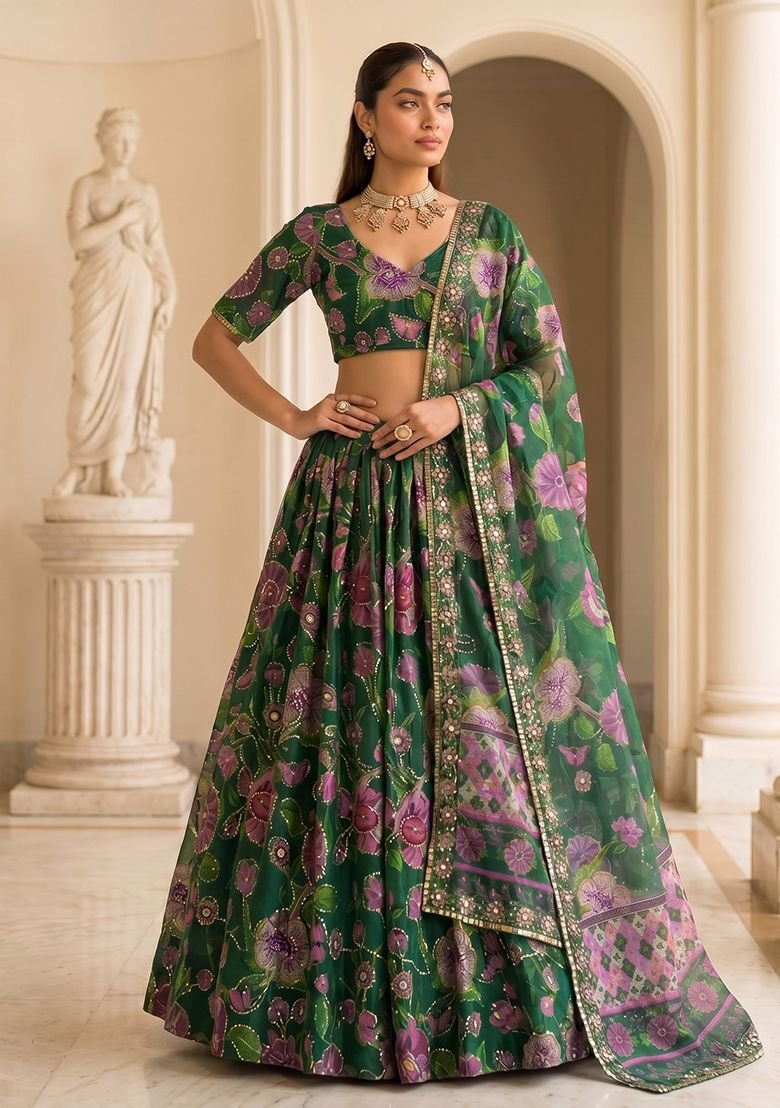 Green Sequin Silk Blend Lehenga Set - Image 5
