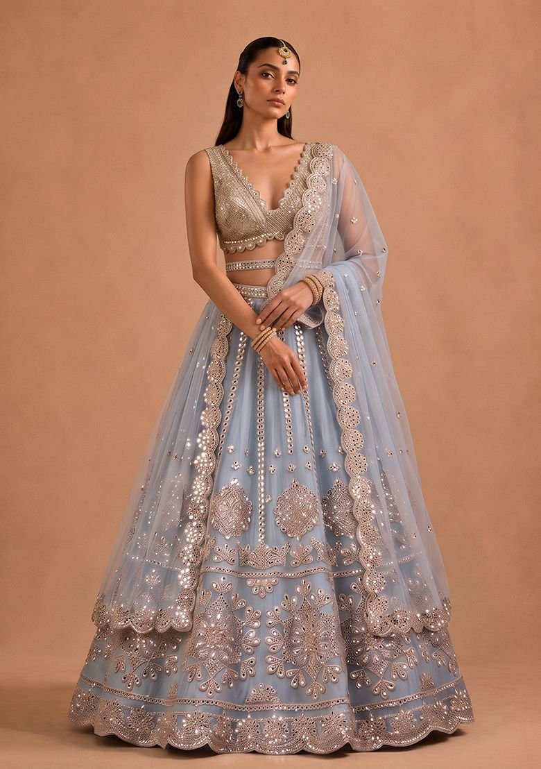 Sky Blue Zari Work Net Lehenga Set - Image 2
