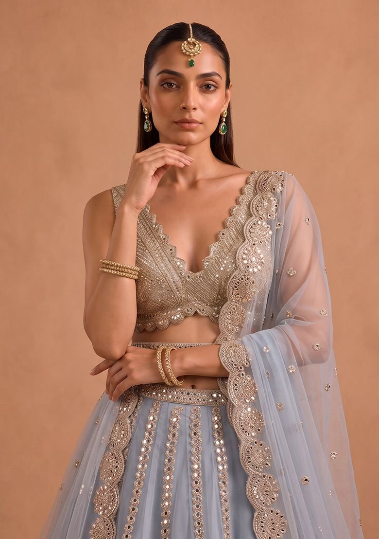 Sky Blue Zari Work Net Lehenga Set - Image 3